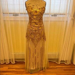 Strapless Gold Sequin Evening Dress